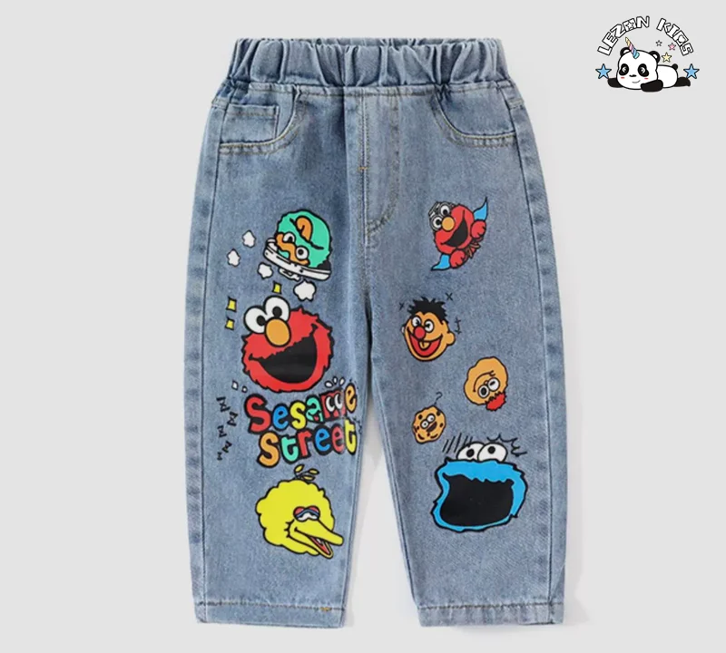LEZONKIDS - Calças de jeans infantis personalizadas com impressão do desenho Sesame Street para uso diário